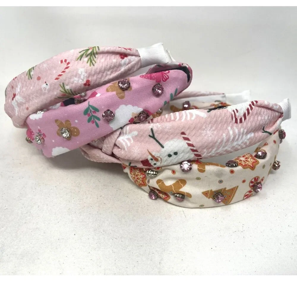 Set 4 Headbands Pink Rhinestone Holiday Girls Decorative Knotted Winter Festive